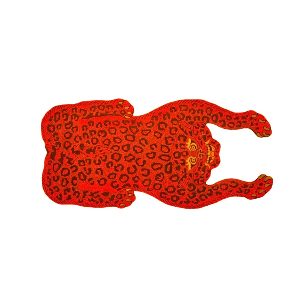 A vibrant Red Leopard Yogi Accent Wool Rug featuring an abstract leopard design, perfect for adding a bold statement to any living room or office. This vintage-inspired area rug is crafted from high-quality wool, making it an ideal choice for those seeking durable and stylish living room area rugs or rugs for office spaces.