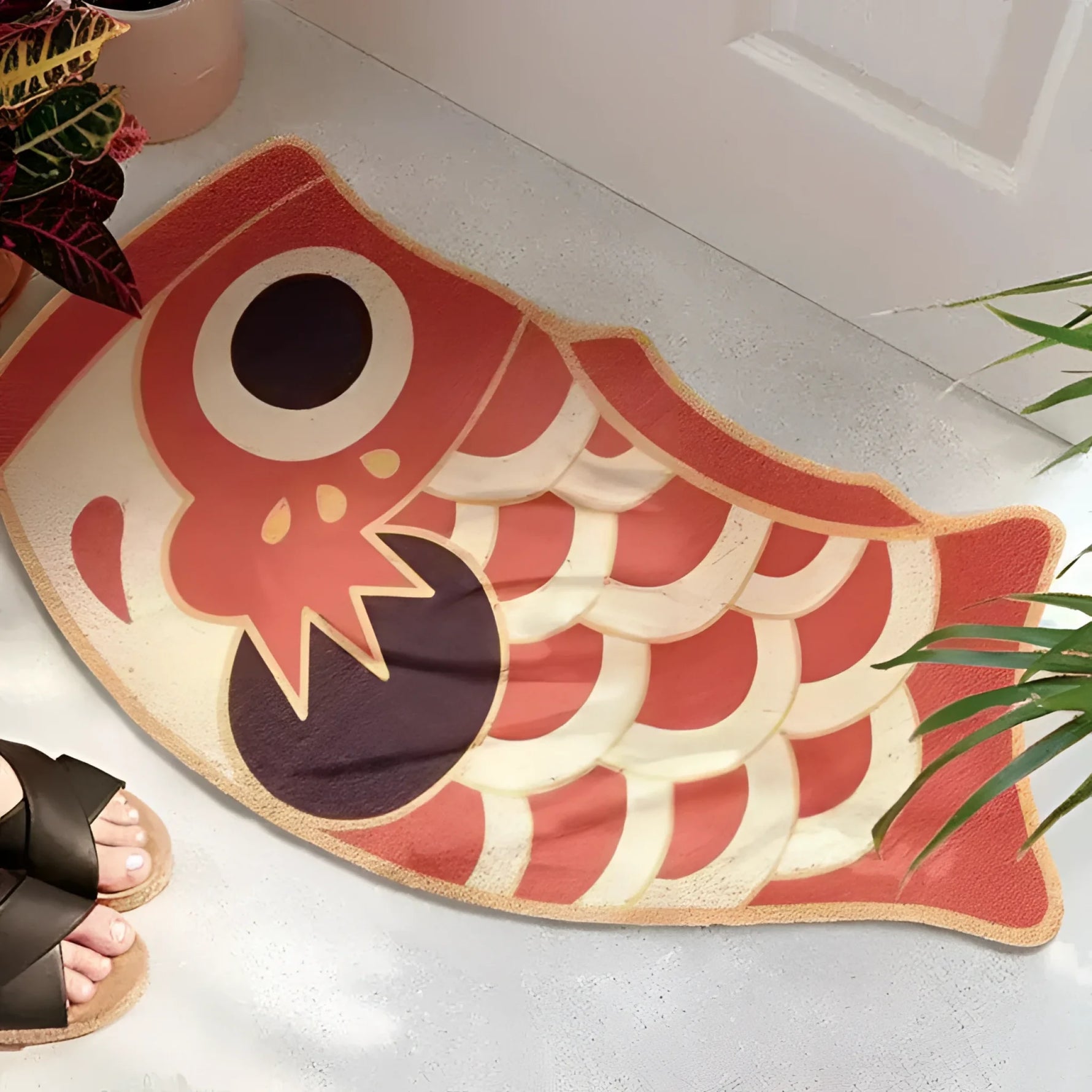 A vibrant red oriental fish-shaped area rug placed at the entrance of a living room, showcasing its bold design. Perfect for those seeking unique living room area rugs. This rug adds an artistic flair, ideal for spaces needing an 8x10 floor covering.