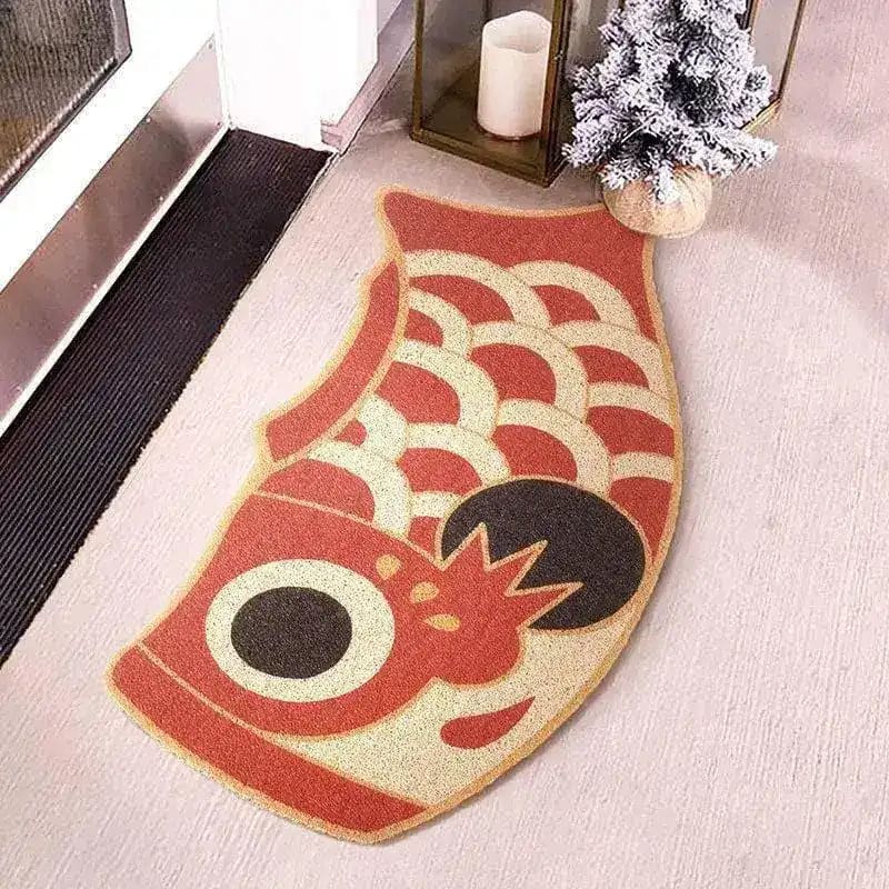 This vibrant Red Oriental Fish Door Mat is a unique area rug that adds a splash of color to your living room. Perfect for those seeking living room area rugs or living room rugs 8x10, this mat features a bold fish design with intricate detailing, set against a light floor near a festive decoration.