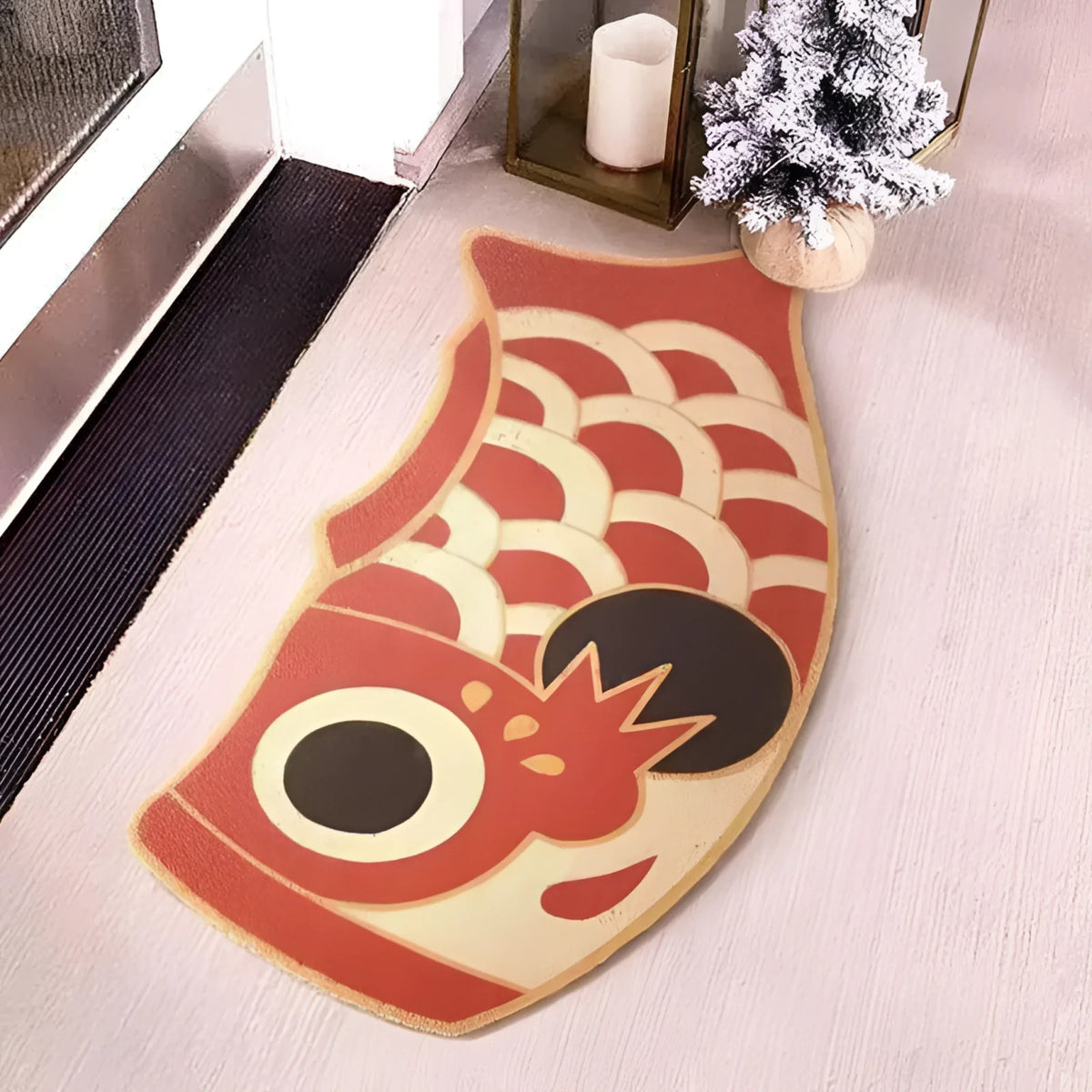 This vibrant Red Oriental Fish Door Mat is a unique area rug that adds a splash of color to your living room. Perfect for those seeking living room area rugs or living room rugs 8x10, this mat features a bold fish design with intricate detailing, set against a light floor near a festive decoration.