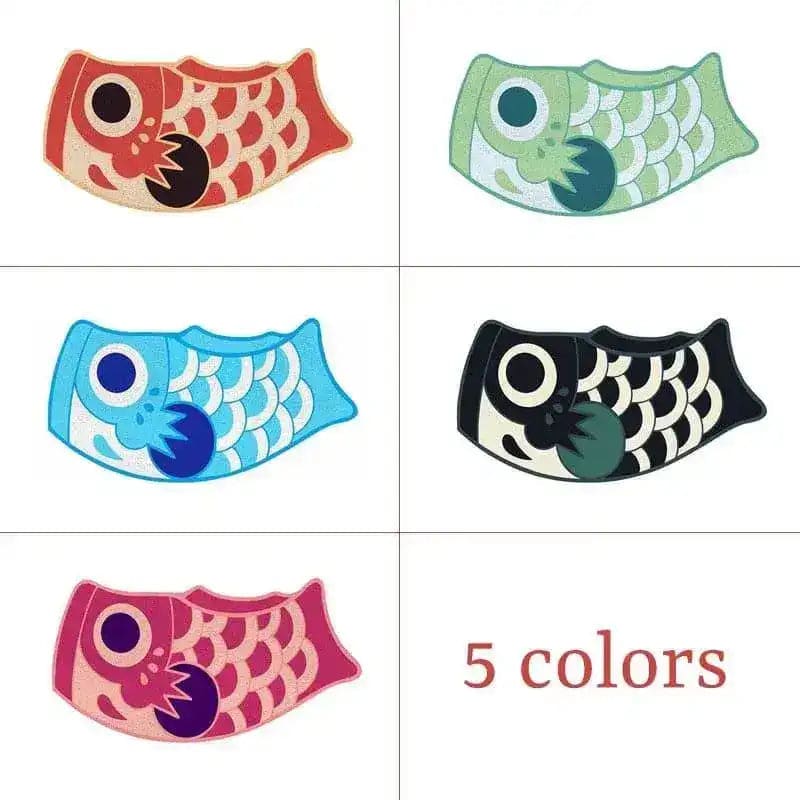 Vibrant collection of Red Oriental Fish Door Mats in five different colors, ideal as a unique Area Rug for living room spaces. These playful fish-shaped rugs add a whimsical touch to your decor, perfect for living room area rugs or larger spaces like living room rugs 8x10.