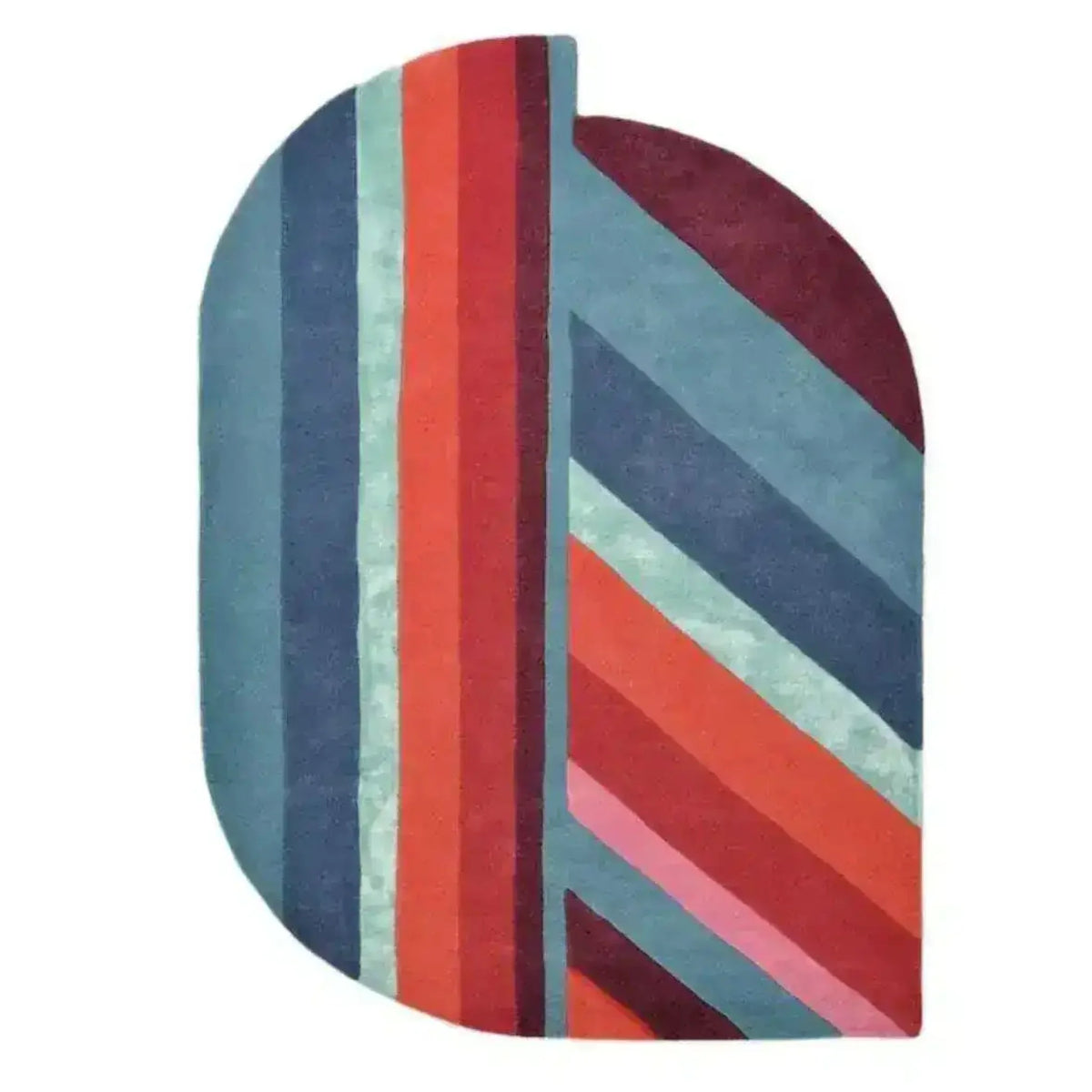 Colorful Red Rainbow Geometry Retro Hand Tufted Wool Rug in an abstract shape, ideal as a large area rug for living room. This vintage rug features vibrant stripes and patterns, enhancing any space with its unique design.