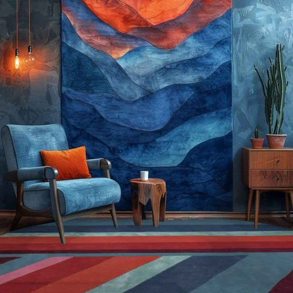 A vibrant and stylish Red Rainbow Geometry Retro Hand Tufted Wool Rug displayed in a cozy living room setting. The area rug features bold, colorful geometric patterns that add a vintage charm to the room. It's perfect for enhancing dining room aesthetics or as a centerpiece in area rugs for living rooms. The scene includes a comfortable blue chair and a rustic wooden side table, creating a harmonious blend with the wool rug.