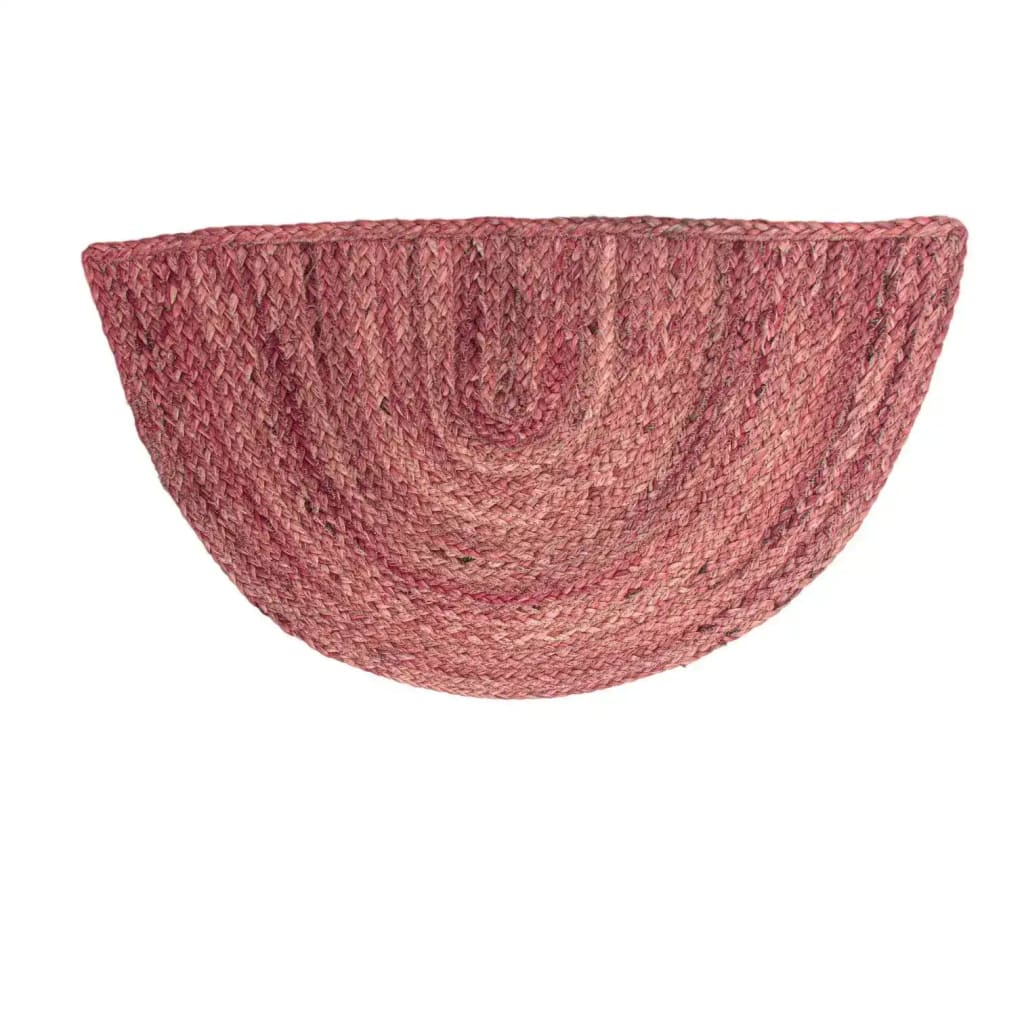 Red semi-circle accent jute rug, perfect for adding a touch of warmth to your dining room or living room. This beautifully woven area rug features a unique round design, ideal for enhancing living room spaces.