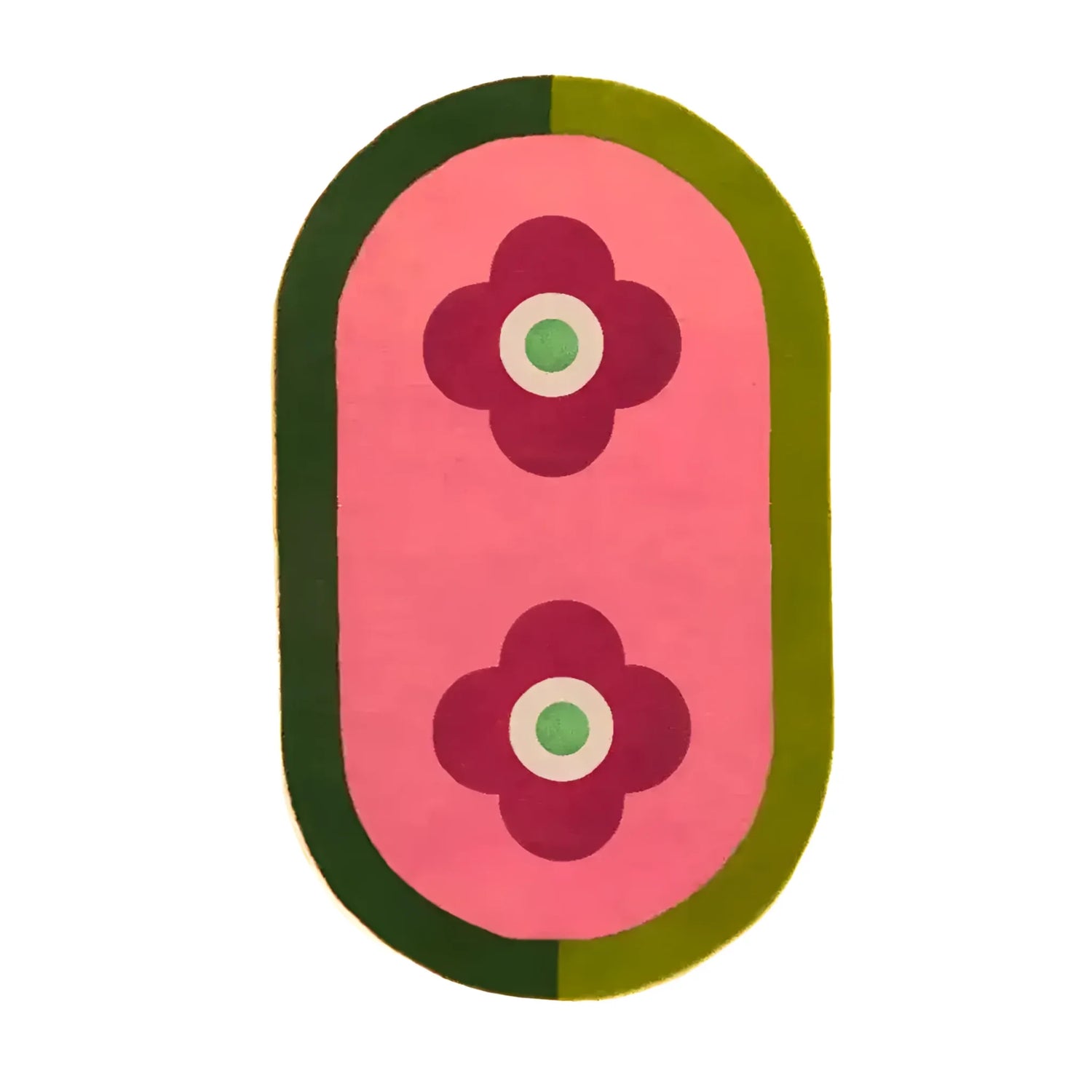 Top view of the Red Twin Flowers Hand Tufted Wool Rug, featuring a contemporary design with two red floral patterns on a pink background, surrounded by a green border. Perfect for large living rooms or dining areas, this 8x10 wool area rug adds a vibrant touch to any space.