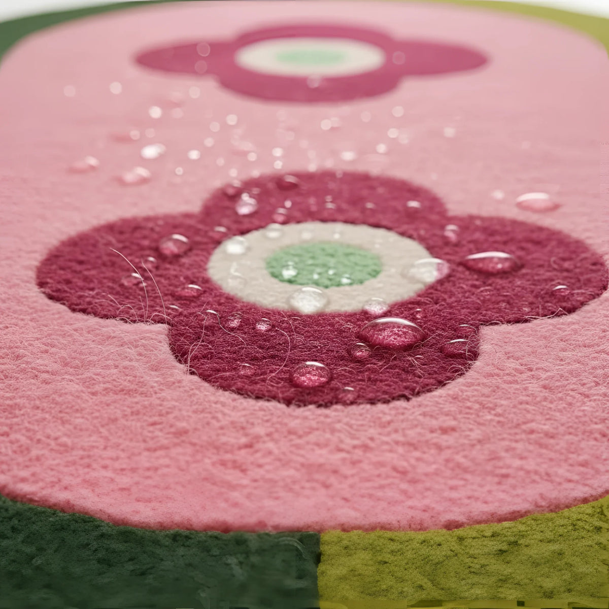 Close-up of a pink flower-shaped rug with water droplets on a pink background