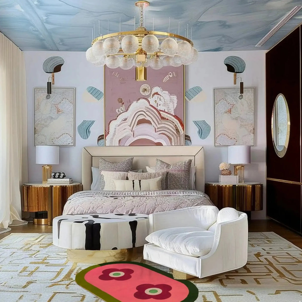 Stylish contemporary bedroom featuring a Red Twin Flowers Hand Tufted Wool Rug. The area rug adds a touch of elegance to the large living room setup, complementing the modern decor with its vibrant floral design. Ideal for dining or living rooms, this 8x10 wool rug enhances the luxurious ambiance.