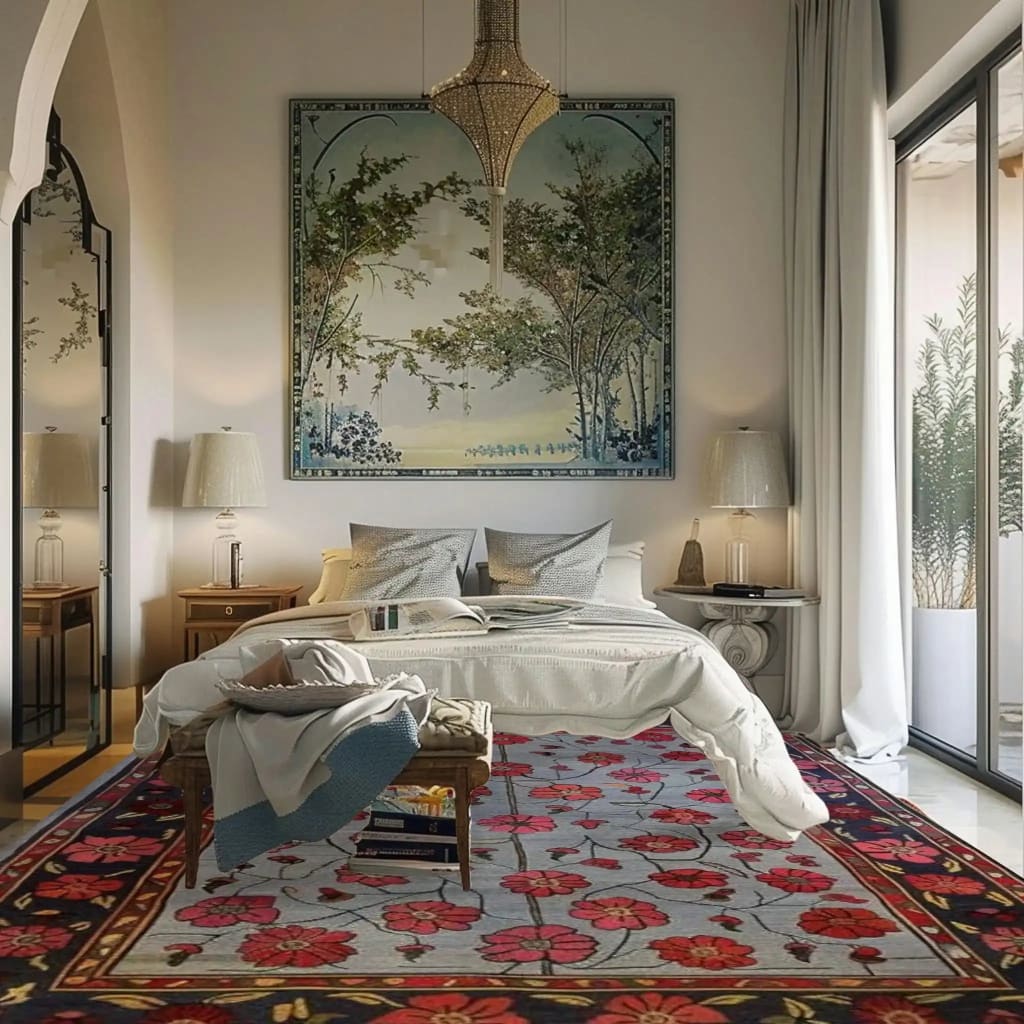 A beautifully styled bedroom featuring the Red Velvet Bloom Hand Knotted Area Rug, showcasing an elegant floral design. This vintage Persian rug enhances the ambiance of the room, making it a perfect choice for living room area rugs. The 8x10 size fits seamlessly under the bed, complementing the serene decor and large window.
