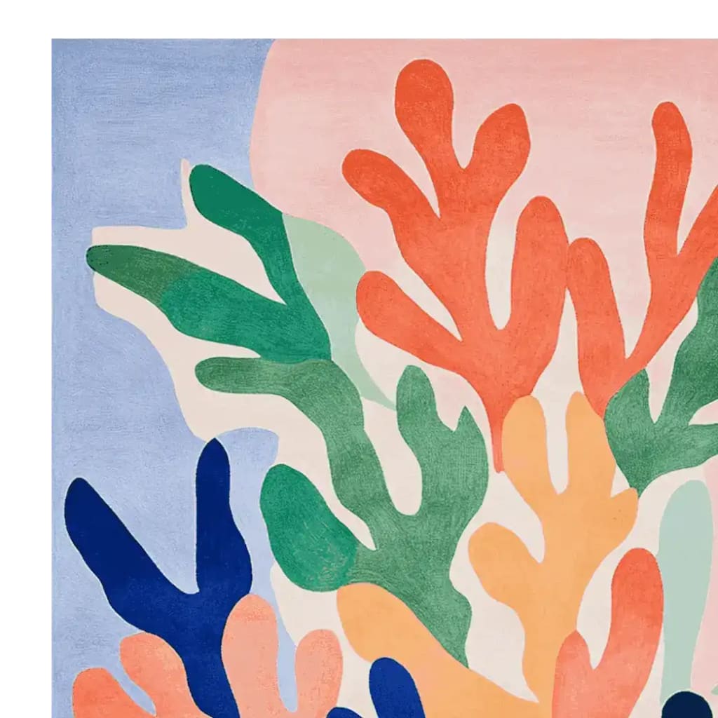 Vibrant and contemporary Reef Mirage Hand Tufted Area Rug featuring an abstract coral reef design in shades of blue, green, and orange. Perfect as a square area rug for large living rooms, this wool rug adds a modern artistic flair to your space.