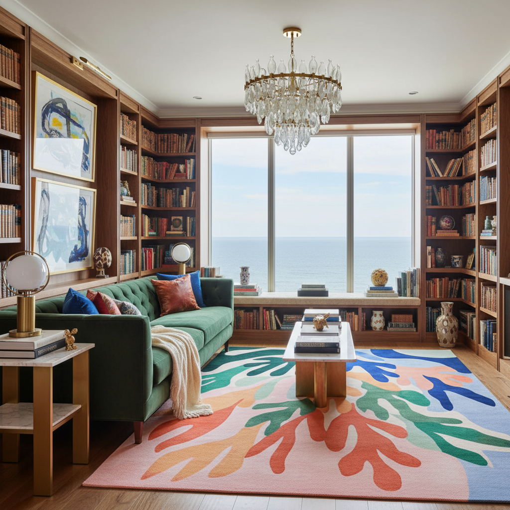 Living room with a green sofa, colorful rug, and bookshelves.
