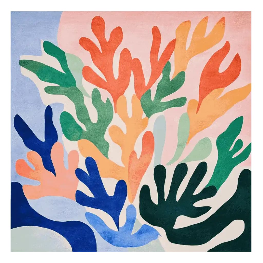 A vibrant and colorful wool area rug featuring an abstract design with bold shapes in hues of blue, green, orange, and pink. This contemporary square area rug is perfect for adding a splash of color to large living room spaces.