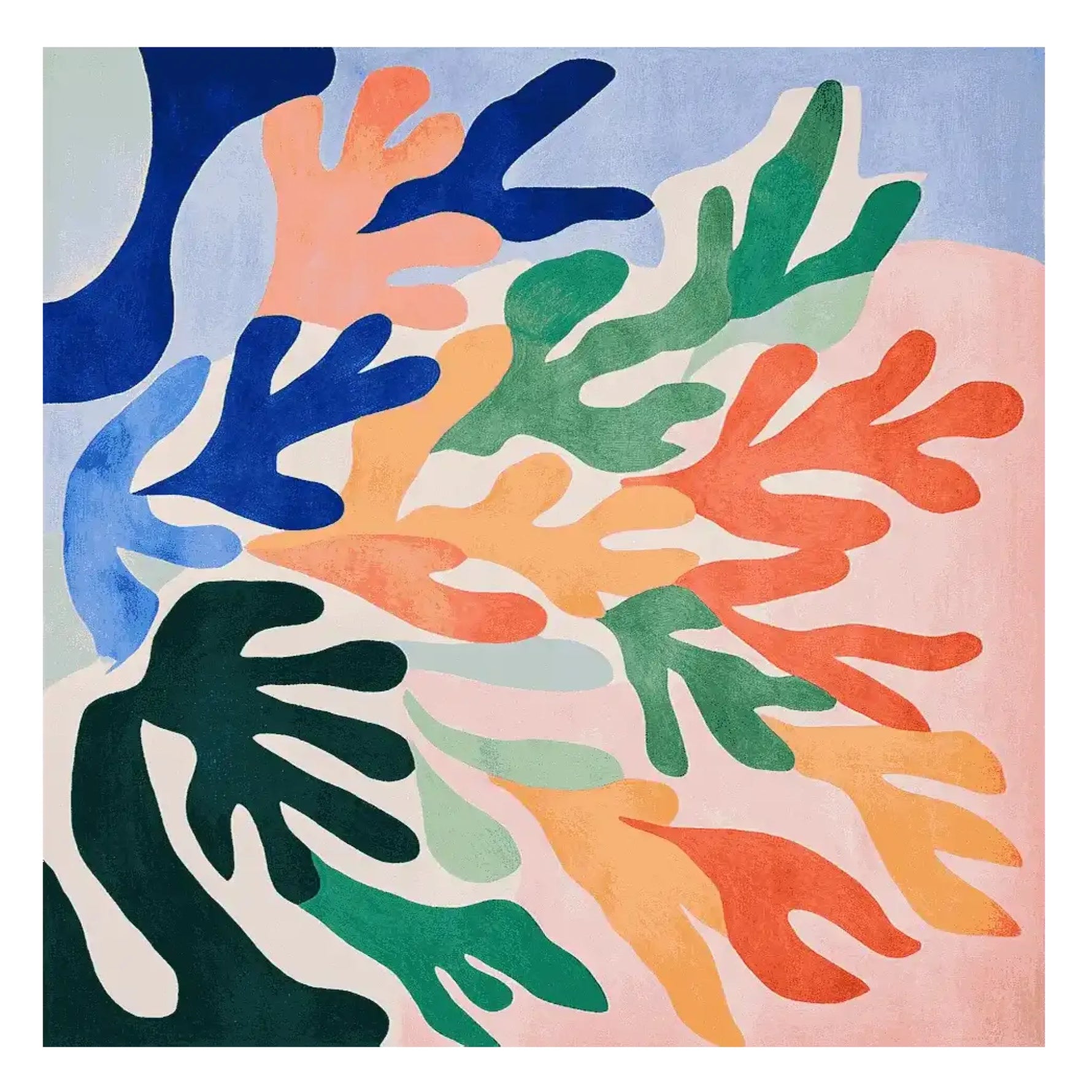 The Reef Mirage Hand Tufted Rug showcases a vibrant abstract design with a blend of blue, green, orange, and peach colors. This large wool square area rug is perfect for contemporary living rooms, adding a touch of modern art to any space. Ideal for those seeking unique area rugs for living room decor.