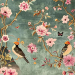 Beautifully detailed area rug featuring a hand-tufted wool design with vibrant birds and blooming pink flowers on a soft blue background. This floral rug adds a touch of elegance to living rooms and offices, perfect for enhancing any space with its stunning nature-inspired pattern.