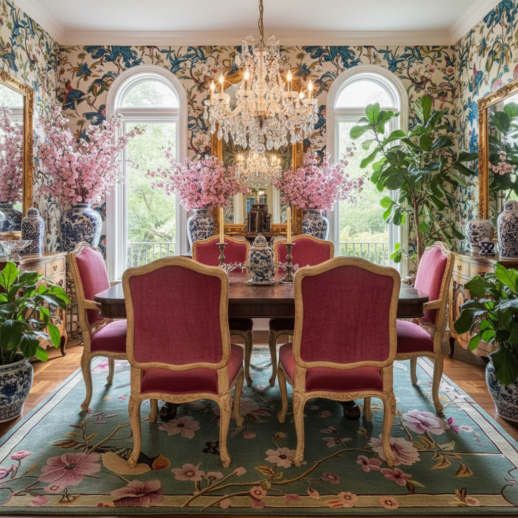 Dining room with floral wallpaper, pink chairs, and a chandelier.