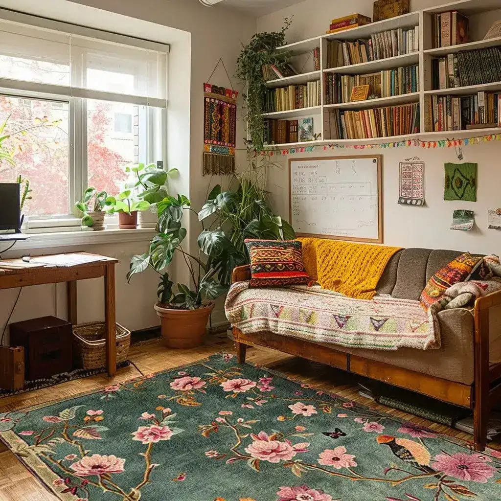 A beautifully styled living room featuring a hand-tufted wool area rug with a vibrant floral design. The rug, perfect for living room or office spaces, adds a touch of elegance with its intricate flower patterns. It's complemented by a cozy sofa adorned with colorful cushions and a blanket, surrounded by shelves filled with books and lush indoor plants.