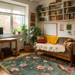 Regal Aviary Frame floral rug in a cozy boho study with a wooden daybed and bookshelves