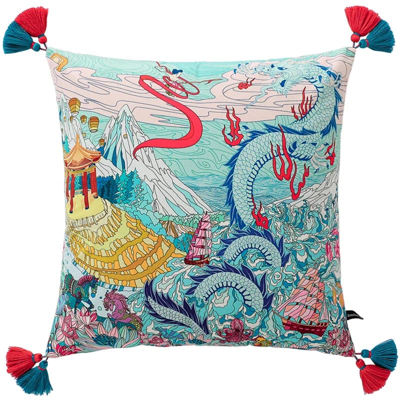 Regal Azure Dragon throw pillow featuring intricate designs of mythical realms, vibrant colors, and decorative tassels, perfect for adding a touch of elegance to your home decor.