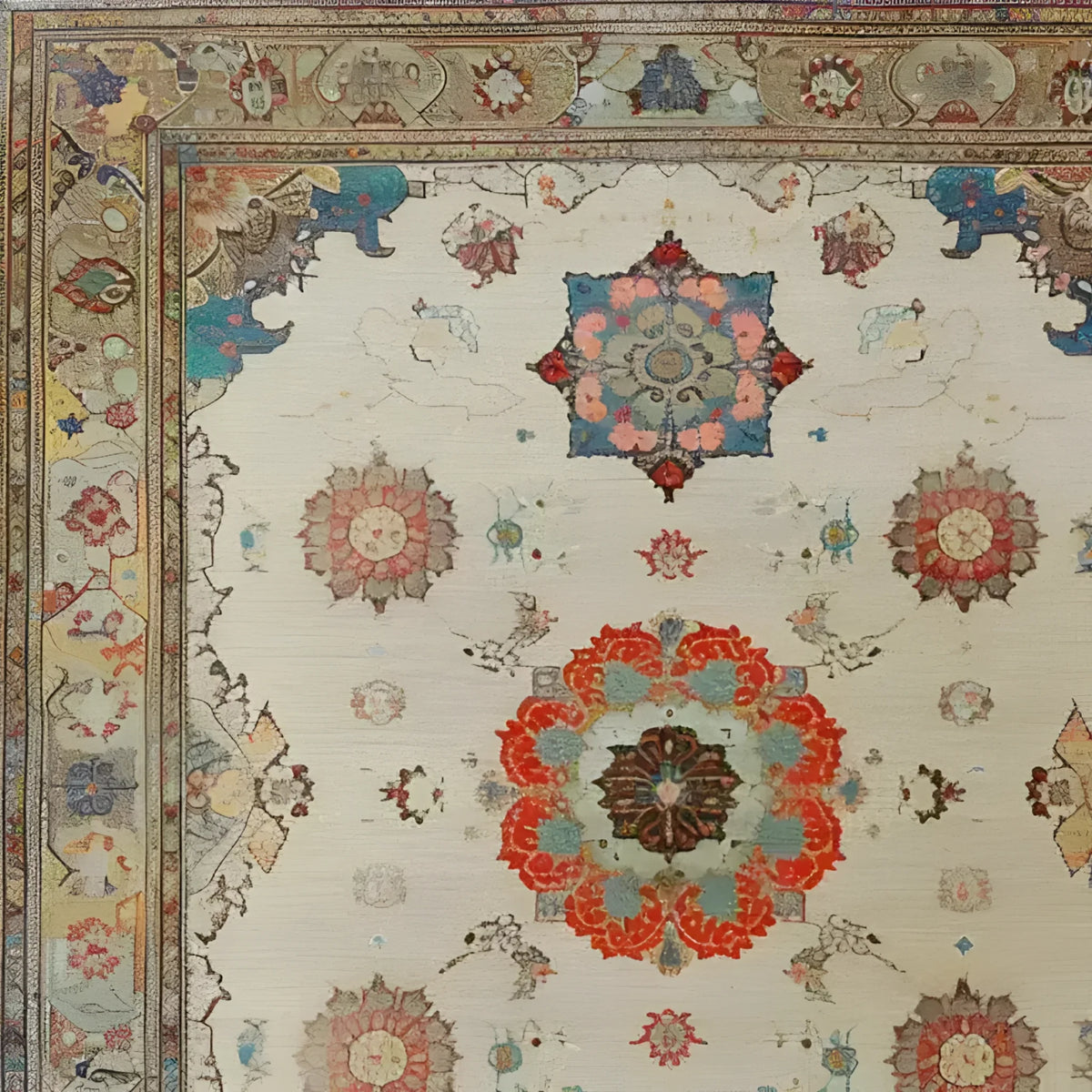 A close-up view of the Regal Blossom Medallion Hand Knotted Area Rug, showcasing its intricate vintage design with floral medallions in vibrant hues. Perfect for adding a touch of elegance to large living rooms, this Persian-inspired rug exemplifies timeless beauty and craftsmanship.