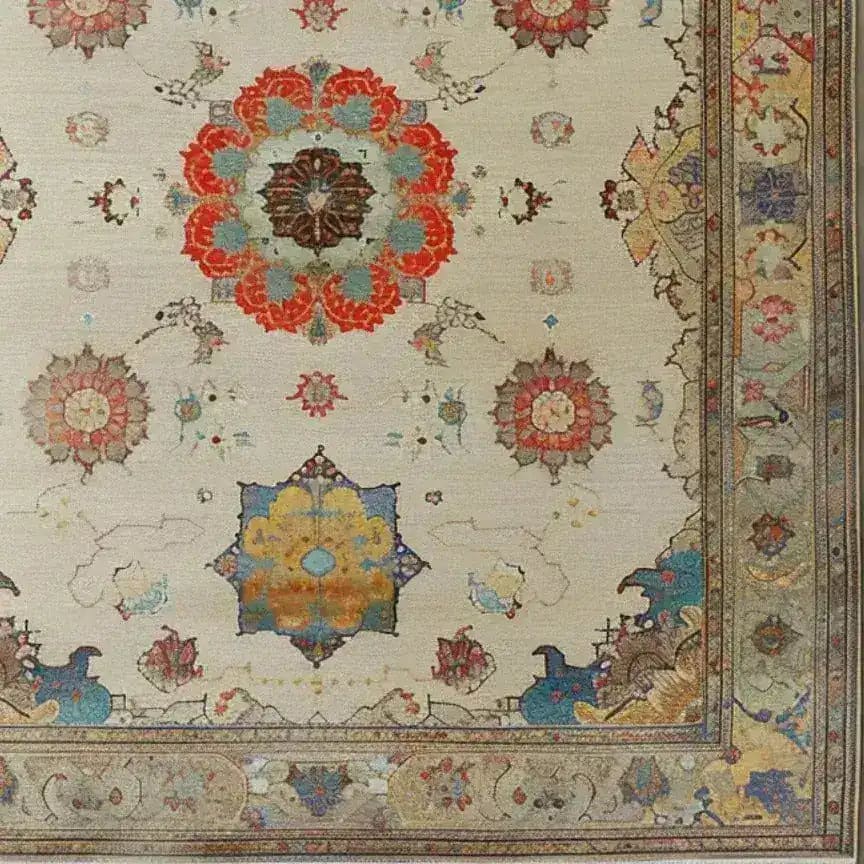 This elegant area rug features a regal blossom medallion design, showcasing intricate Persian patterns in vibrant red, blue, and earthy tones. Perfect for adding a vintage charm to your living room, this large rug is hand-knotted with exquisite detail, making it a stunning centerpiece for any space.