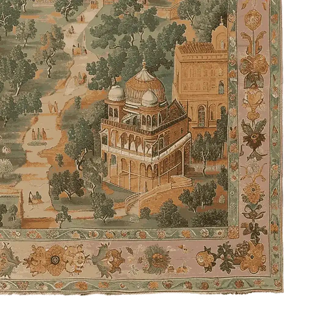 A detailed view of the Regal Chronicles Hand Knotted Rug, showcasing its intricate vintage design with architectural motifs and lush greenery. Perfect for adding a touch of elegance to your living room area, this area rug blends classic charm with a sophisticated palette. Ideal for those seeking living room area rugs or rugs for a vintage-inspired space.