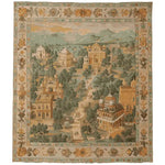 The Regal Chronicles Hand Knotted Rug showcases an intricate design reminiscent of a vintage tapestry, perfect for elevating your living room decor. This area rug features a detailed scene with historic architecture surrounded by lush greenery, set against a backdrop of soft, earthy tones. Its ornate border adds a touch of elegance, making it an ideal choice for those seeking living room area rugs or rugs for living room with a vintage charm.