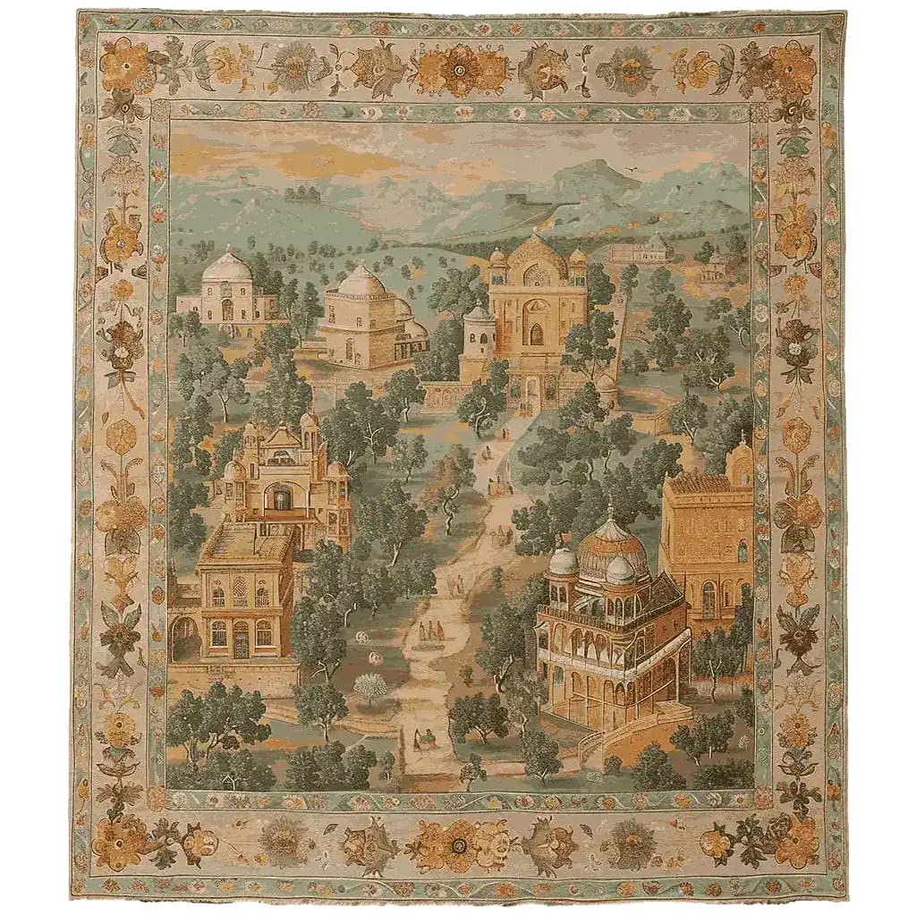 The Regal Chronicles Hand Knotted Rug showcases an intricate design reminiscent of a vintage tapestry, perfect for elevating your living room decor. This area rug features a detailed scene with historic architecture surrounded by lush greenery, set against a backdrop of soft, earthy tones. Its ornate border adds a touch of elegance, making it an ideal choice for those seeking living room area rugs or rugs for living room with a vintage charm.