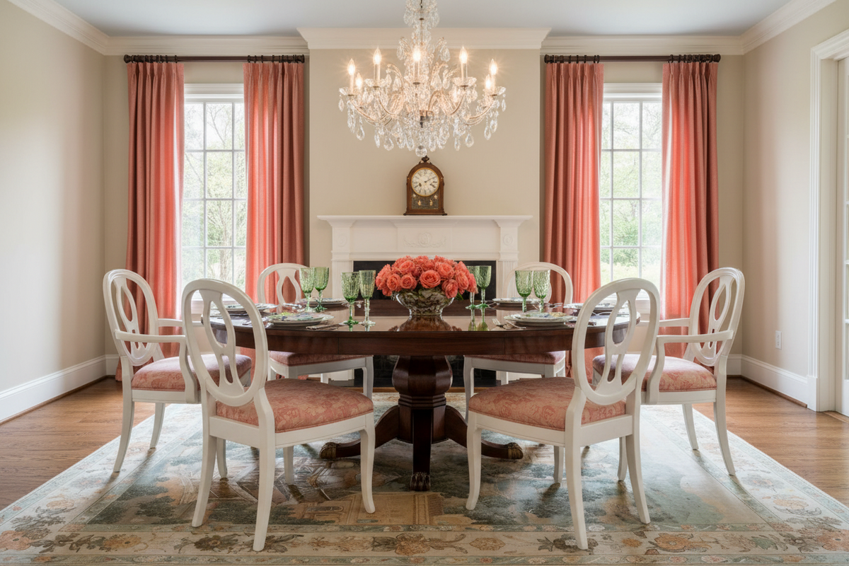 Dining room with a round wooden table and white chairs with pink cushions, featuring a chandelier and decorative rug.