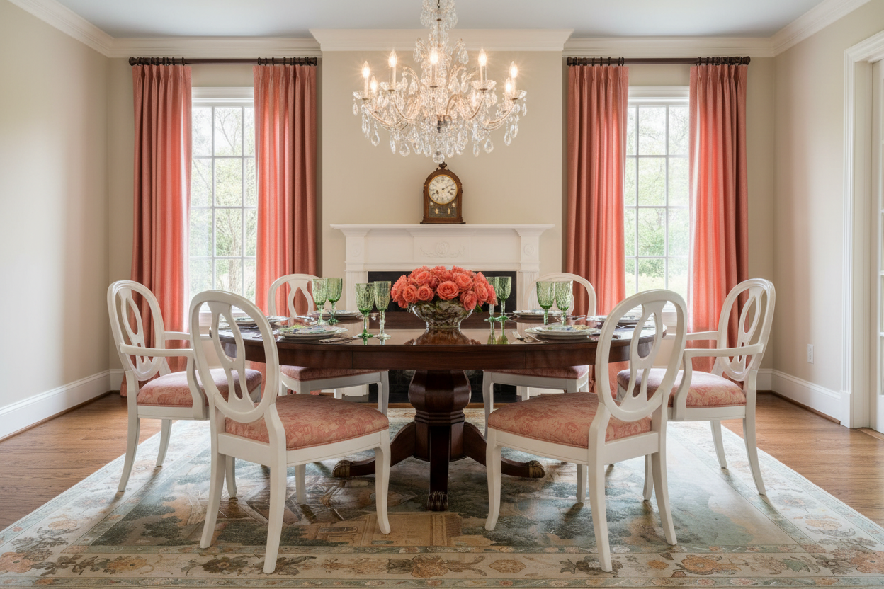 Dining room with a round wooden table and white chairs with pink cushions, featuring a chandelier and decorative rug.