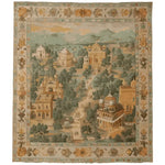 The Regal Chronicles Hand Knotted Rug showcases an intricate design reminiscent of a vintage tapestry, perfect for elevating your living room decor. This area rug features a detailed scene with historic architecture surrounded by lush greenery, set against a backdrop of soft, earthy tones. Its ornate border adds a touch of elegance, making it an ideal choice for those seeking living room area rugs or rugs for living room with a vintage charm.