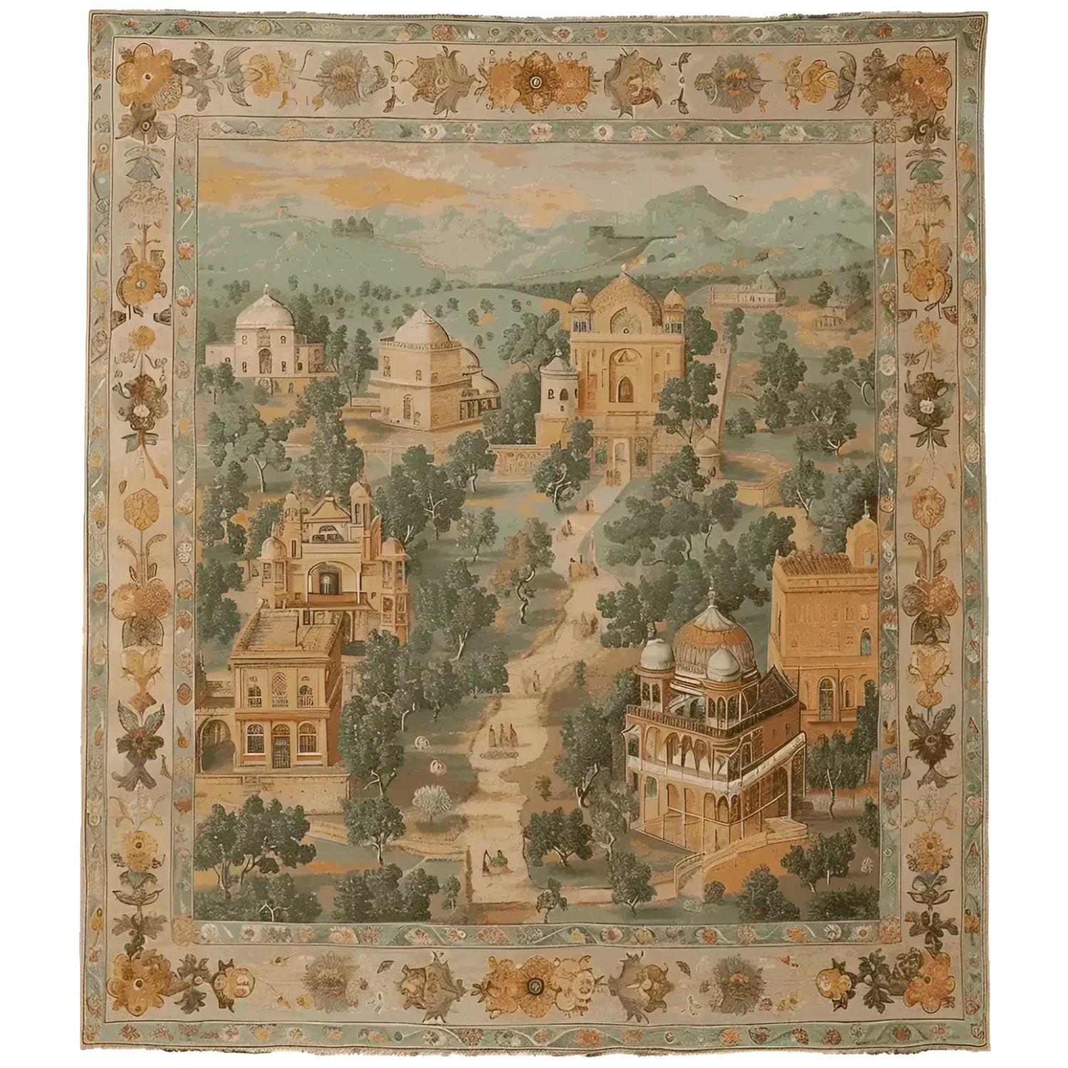 The Regal Chronicles Hand Knotted Rug showcases an intricate design reminiscent of a vintage tapestry, perfect for elevating your living room decor. This area rug features a detailed scene with historic architecture surrounded by lush greenery, set against a backdrop of soft, earthy tones. Its ornate border adds a touch of elegance, making it an ideal choice for those seeking living room area rugs or rugs for living room with a vintage charm.