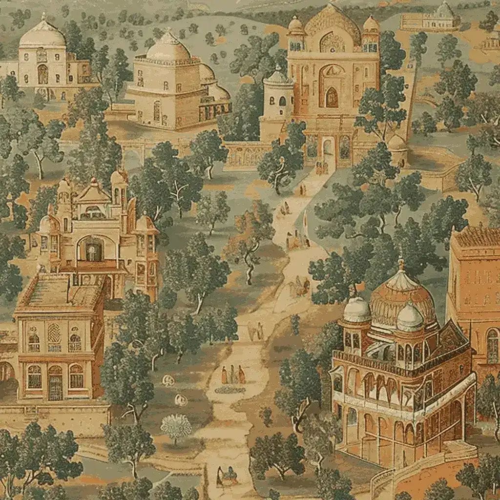 Intricately designed Regal Chronicles hand knotted area rug, featuring a vintage cityscape with historic architecture and lush greenery. This elegant piece is perfect for enhancing living room area rugs, adding a touch of sophistication and timeless beauty to your space.