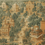 Intricately designed Regal Chronicles hand knotted area rug, featuring a vintage cityscape with historic architecture and lush greenery. This elegant piece is perfect for enhancing living room area rugs, adding a touch of sophistication and timeless beauty to your space.