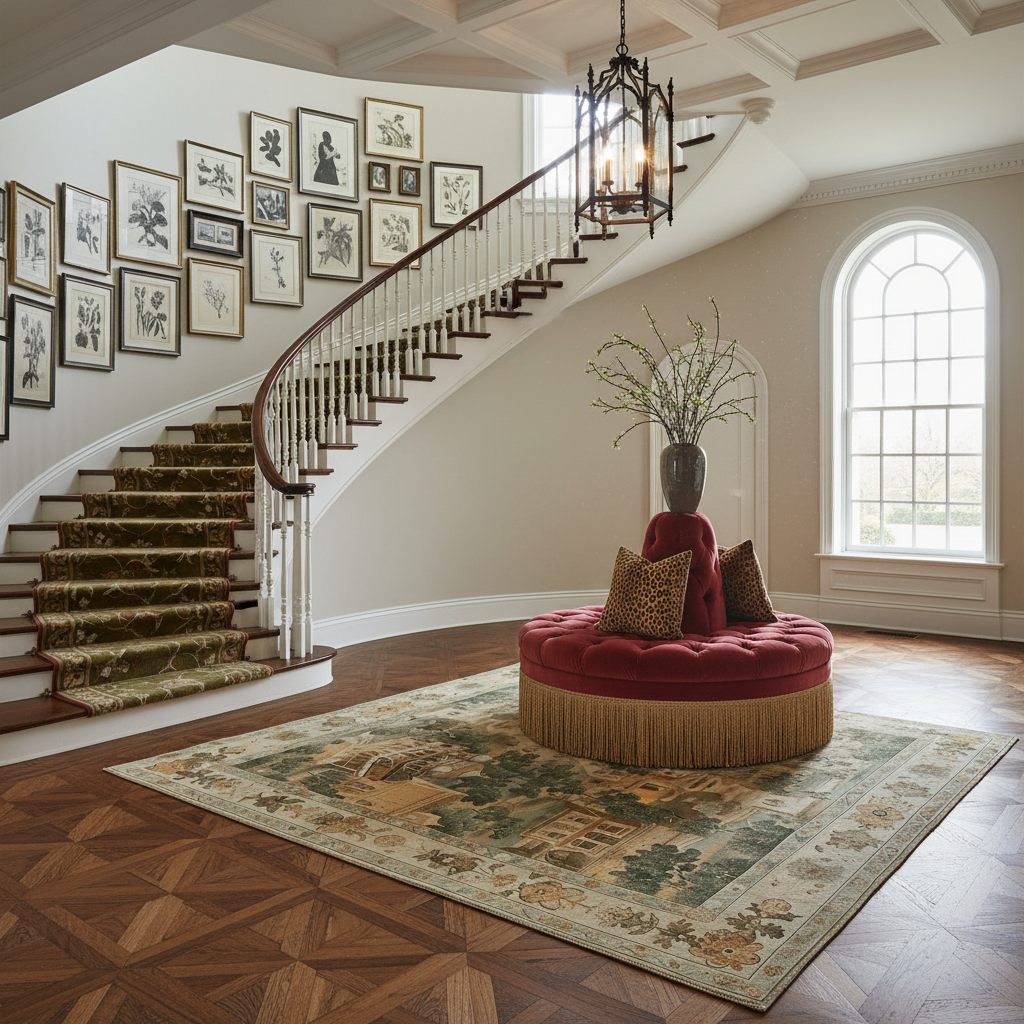Staircase in a home with a round red ottoman and decorative pillows on a patterned rug.