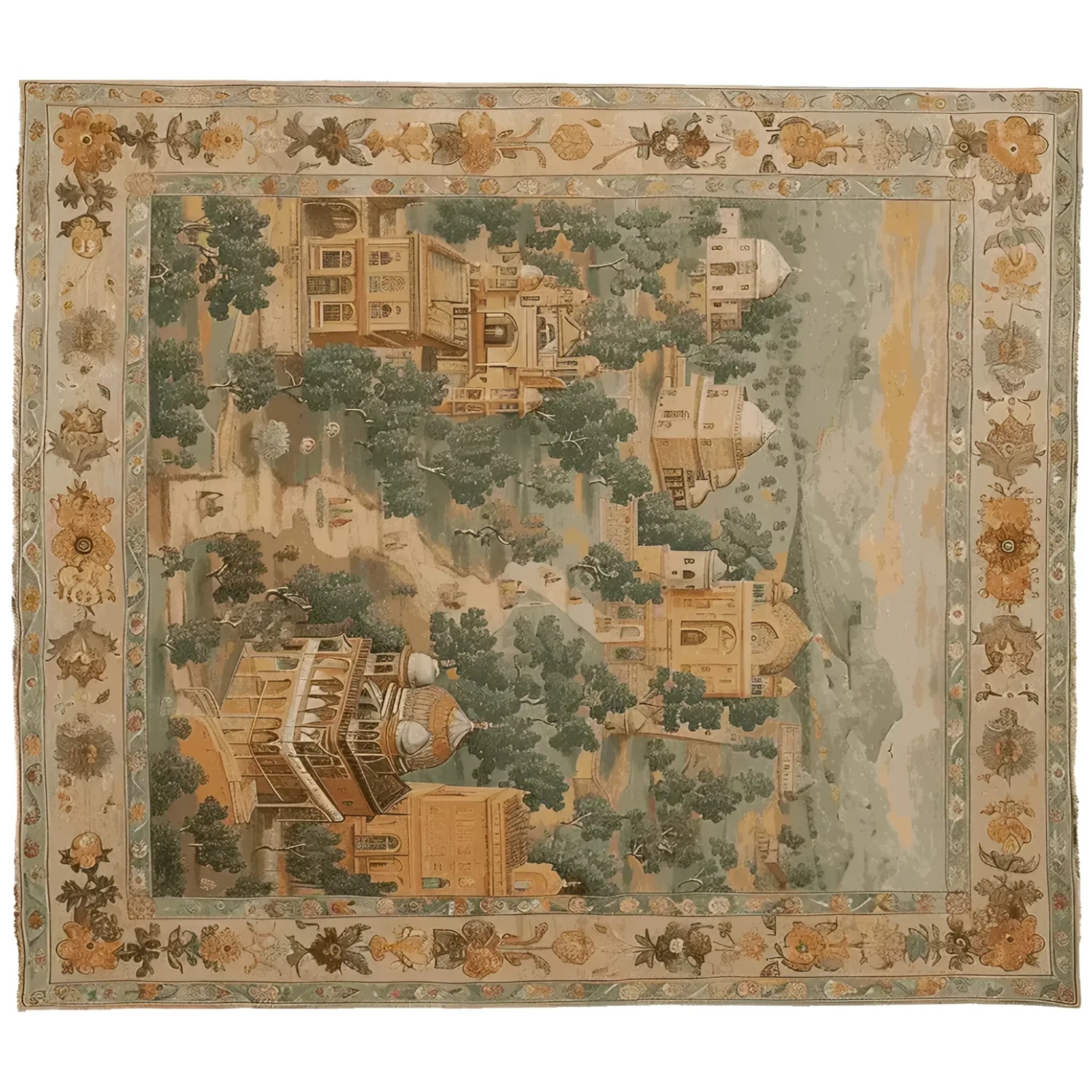 Elegant Regal Chronicles Hand Knotted Area Rug featuring a vintage design with intricate architectural motifs and a floral border, perfect for adding a touch of sophistication to living room area rugs and rugs for living room.