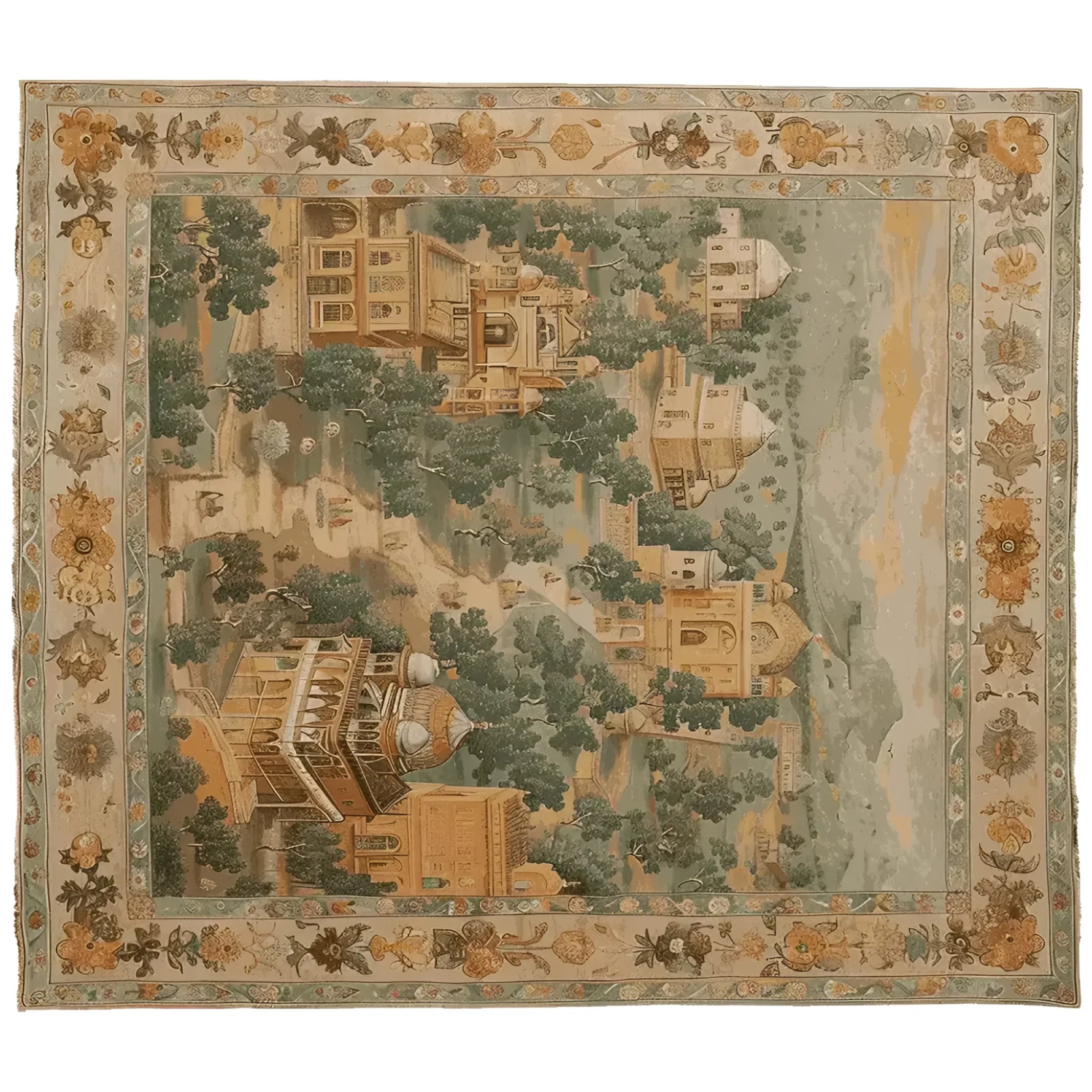 Elegant Regal Chronicles Hand Knotted Area Rug featuring a vintage design with intricate architectural motifs and a floral border, perfect for adding a touch of sophistication to living room area rugs and rugs for living room.