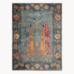This elegant area rug features a vintage-inspired design with intricate floral patterns and two figures in traditional attire. The hand-knotted craftsmanship and rich colors make it an exquisite choice for living room area rugs.