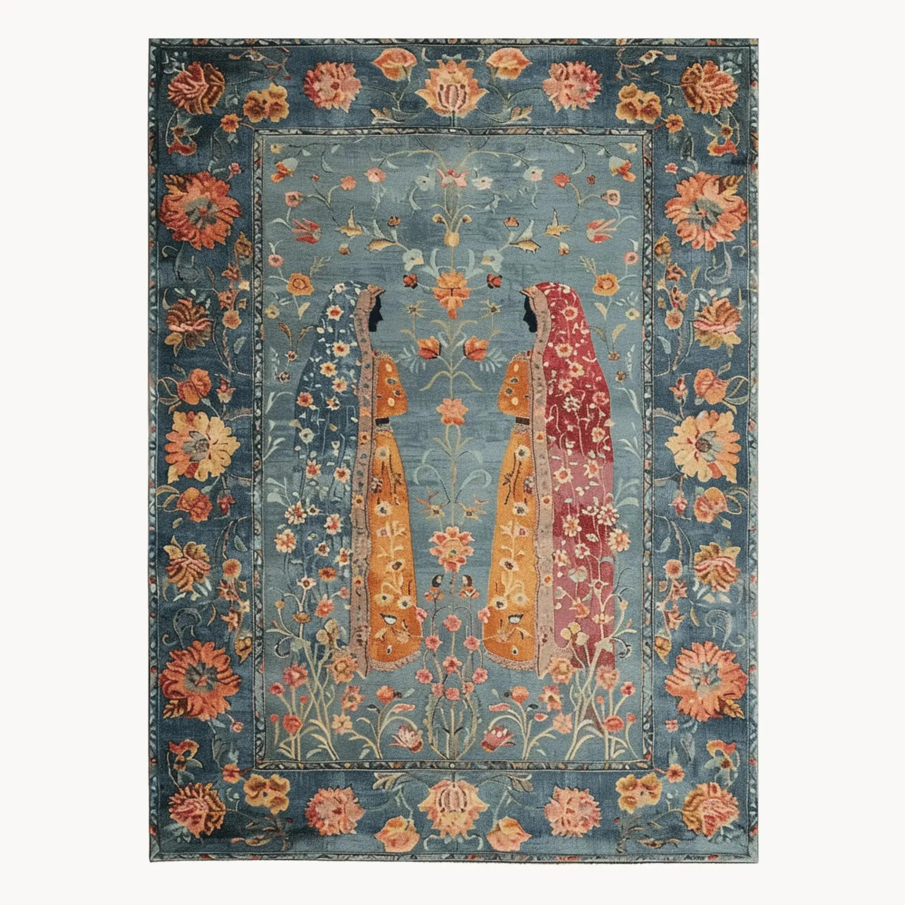 This elegant area rug features a vintage-inspired design with intricate floral patterns and two figures in traditional attire. The hand-knotted craftsmanship and rich colors make it an exquisite choice for living room area rugs.