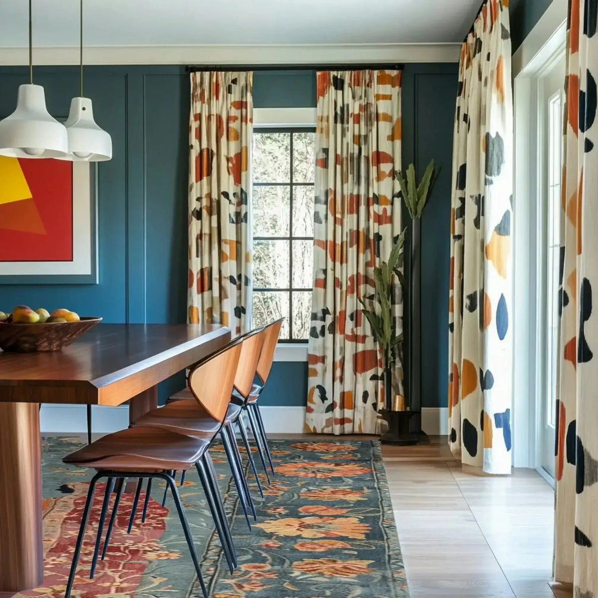A stylish living room featuring the Regal Conversations Hand Knotted Area Rug with a vintage design. The rug adds an elegant touch to the modern decor, complementing the wooden dining table and patterned curtains.