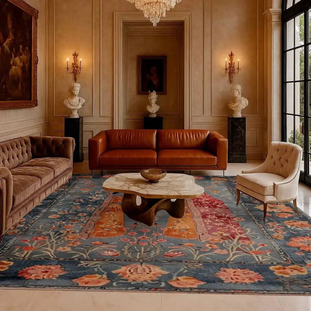 A luxurious living room featuring the Regal Conversations Hand Knotted Area Rug, showcasing a vintage design with intricate floral patterns in warm tones. The area rug complements the elegant decor, including a marble-top coffee table, leather sofa, and classic armchair, creating a sophisticated ambiance perfect for any living room area.
