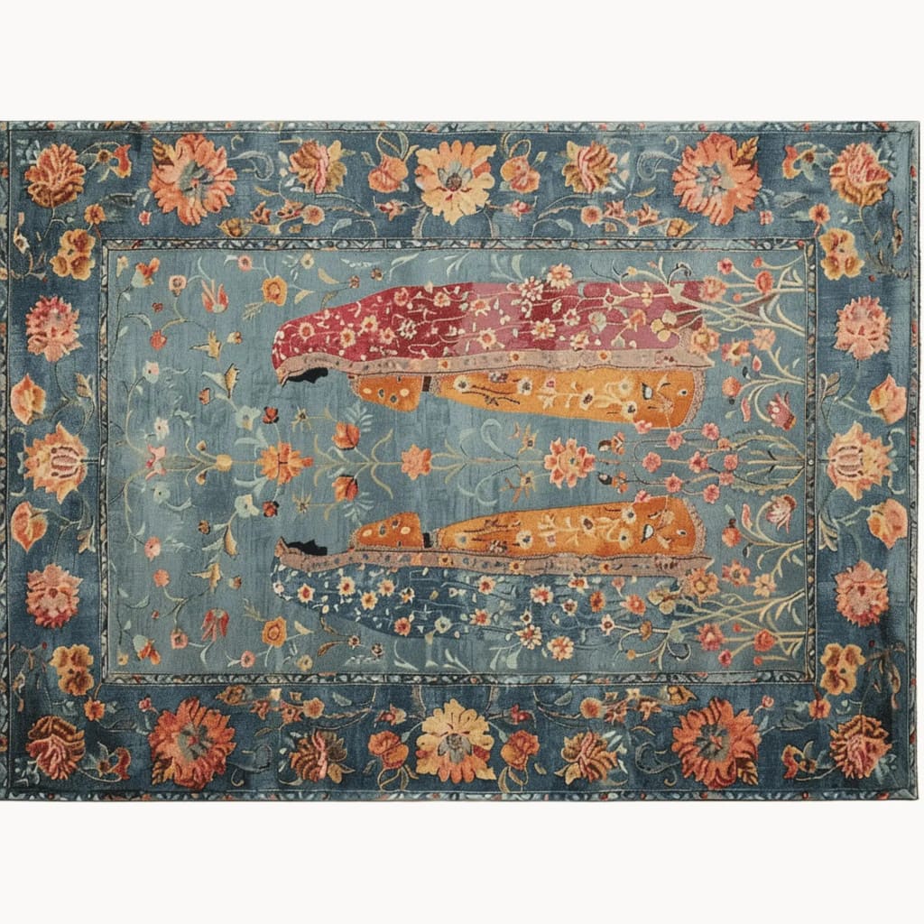 This elegant Regal Conversations Hand Knotted Area Rug showcases a vintage design with a rich tapestry of floral patterns in shades of blue, orange, and red. Perfect for adding a touch of sophistication to any living room area rug collection.