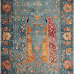Hand-knotted area rug with a vintage design featuring two mirrored figures in colorful attire against a floral backdrop, perfect for enhancing living room aesthetics.
