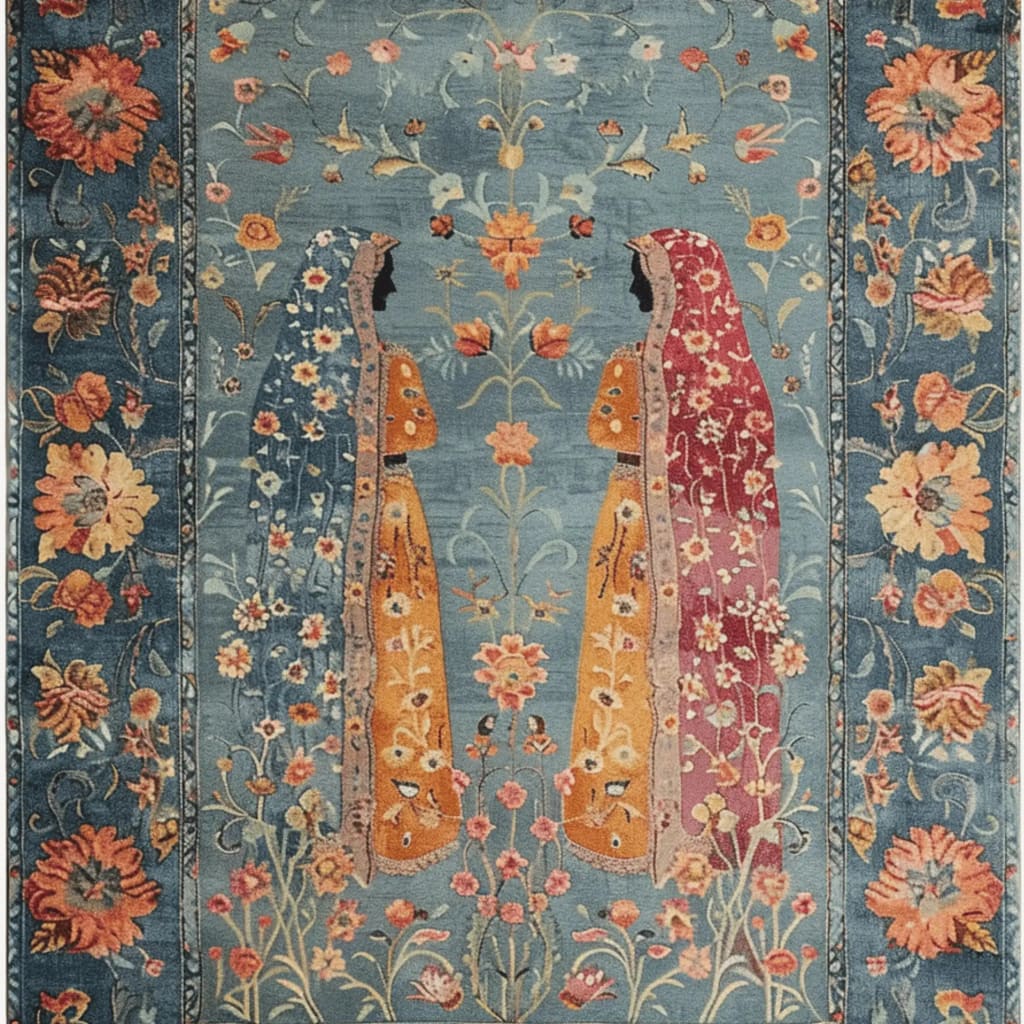 Hand-knotted area rug with a vintage design featuring two mirrored figures in colorful attire against a floral backdrop, perfect for enhancing living room aesthetics.