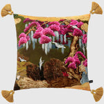 Regal Cranes and Wisteria themed throw pillow with vibrant pink floral design and golden tassels, perfect for home decor.