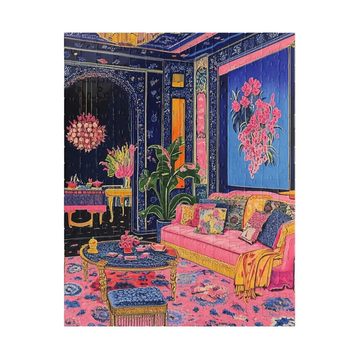 Close-up Regal Eclectic Puzzle assembled view of maximalist pink and navy room with banana leaf plant and gold sofa