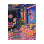 Close-up Regal Eclectic Puzzle assembled view of maximalist pink and navy room with banana leaf plant and gold sofa