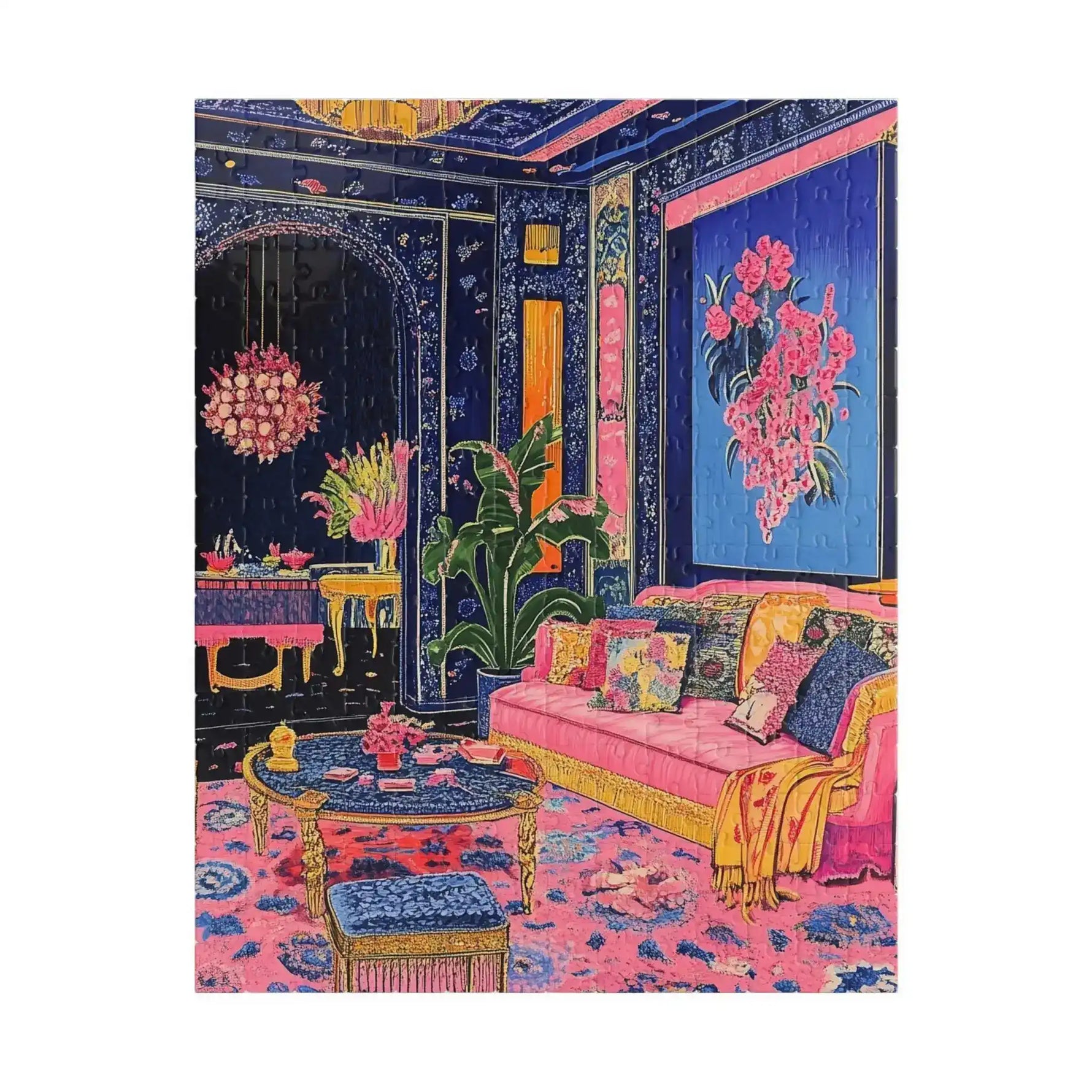 Close-up Regal Eclectic Puzzle assembled view of maximalist pink and navy room with banana leaf plant and gold sofa