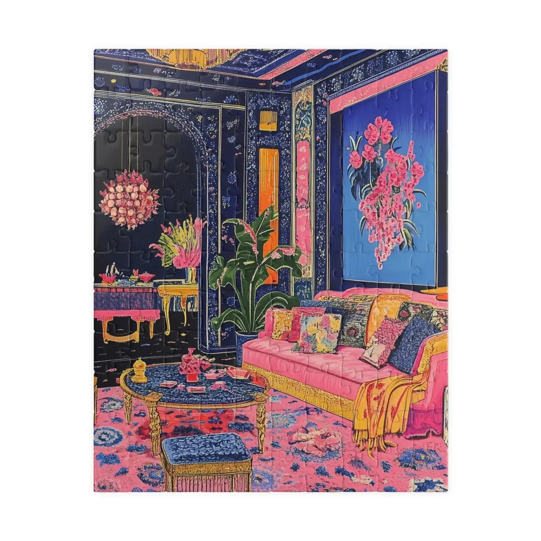 Assembled Regal Eclectic Puzzle showing maximalist navy pink room with gold furniture floral rug and orchid wall painting