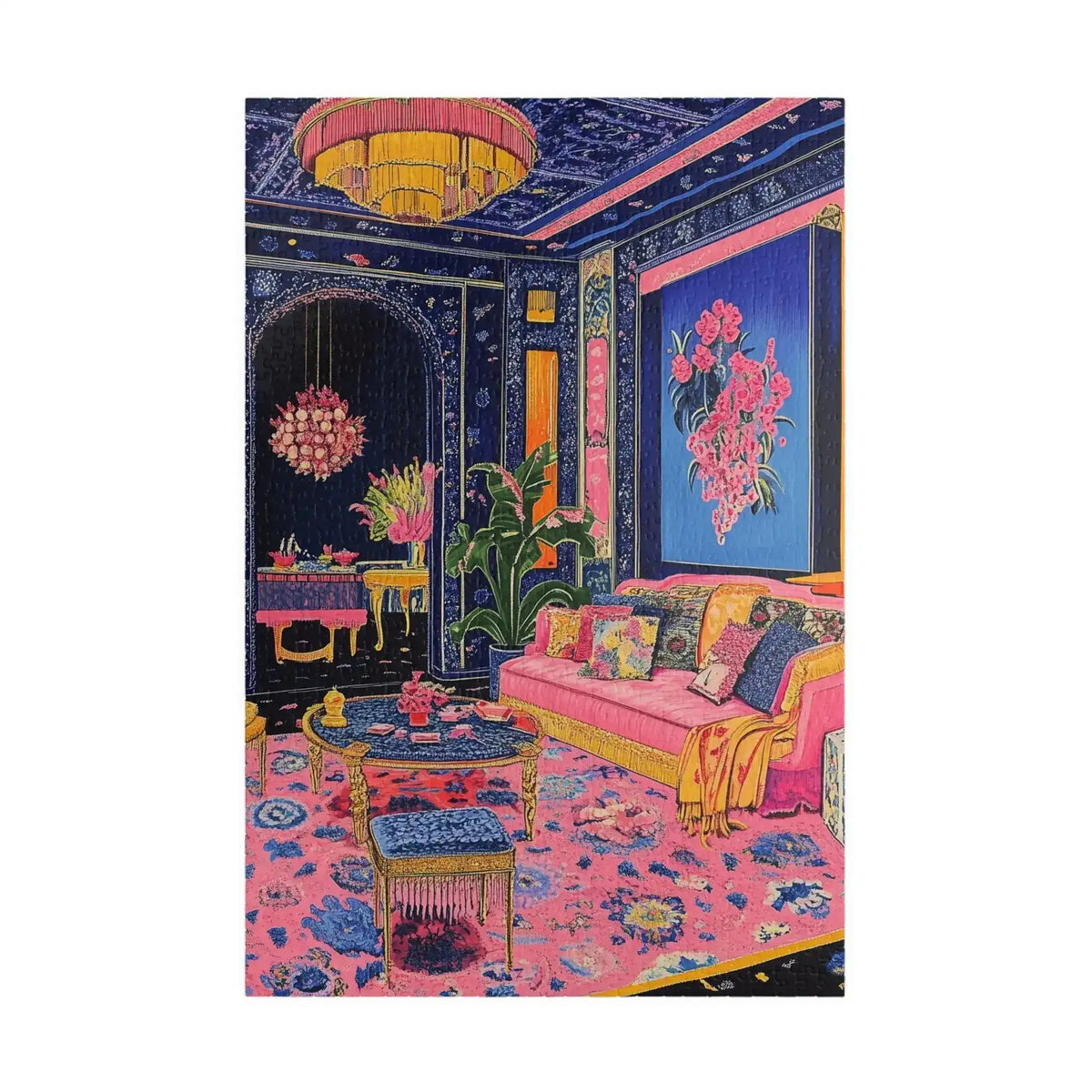 Maximalist living room in navy blue and hot pink with gold chandelier floral rug and botanical art — Regal Eclectic Puzzle