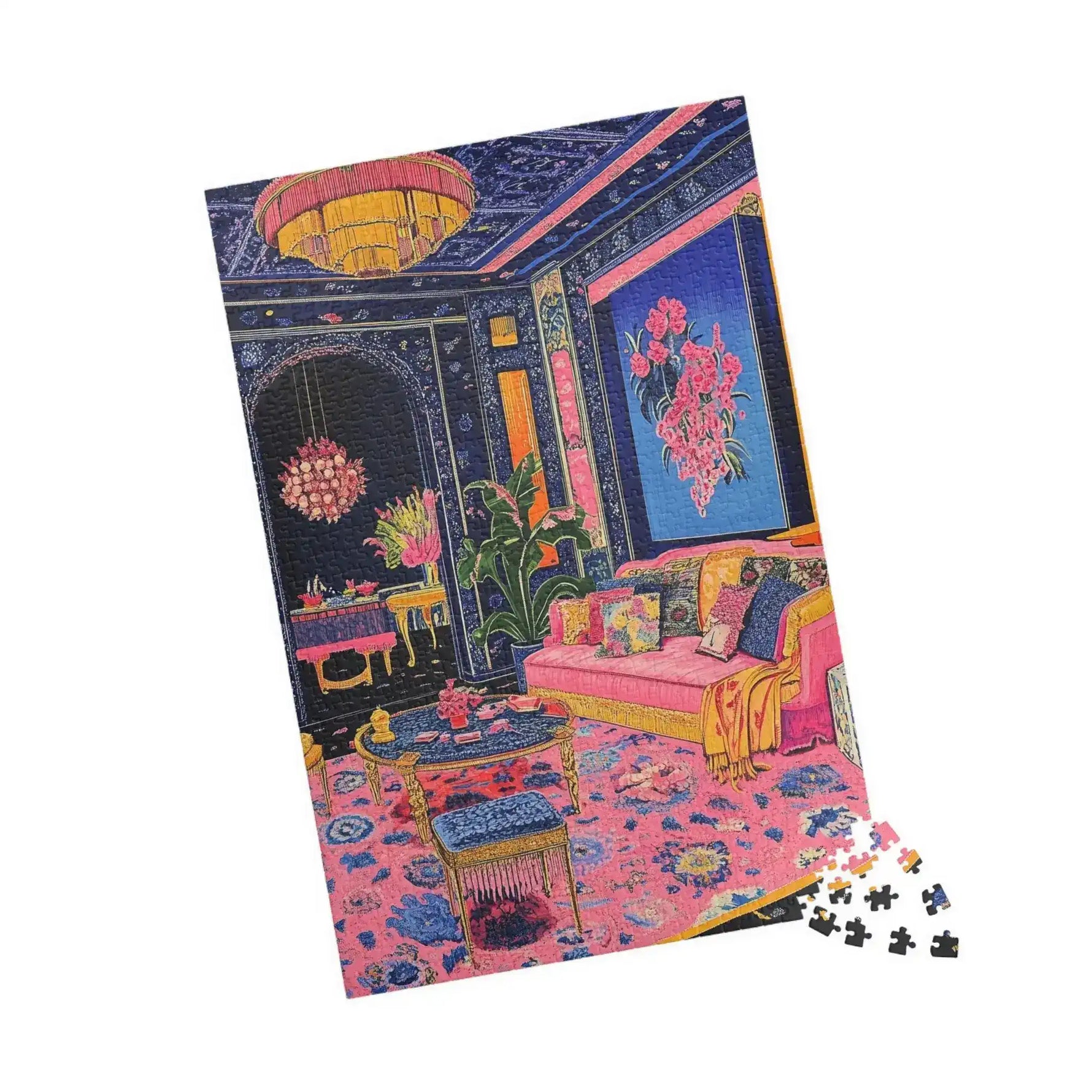 Nearly complete Regal Eclectic Puzzle tilted with a few loose pieces at corner showing maximalist navy pink chandelier room