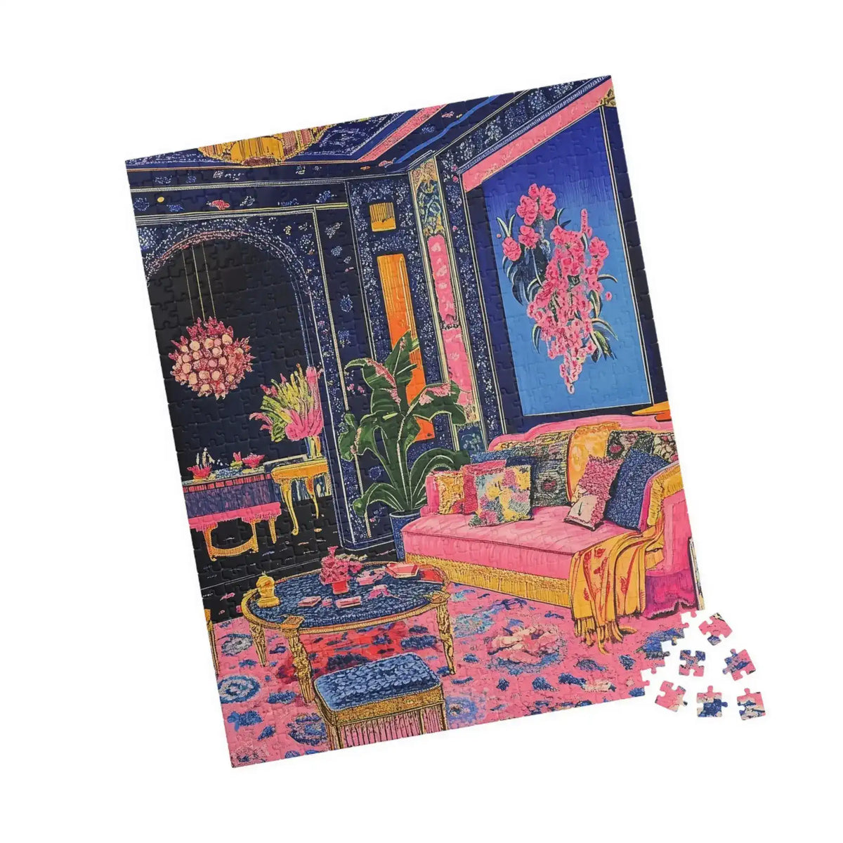 Tilted Regal Eclectic Puzzle with small cluster of loose pieces at right edge showing maximalist room with pink sofa